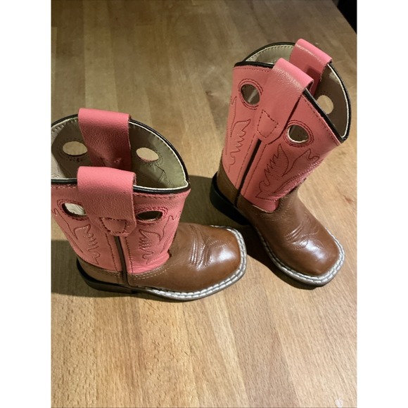 Old West CW2552Y Cowboy Boots Leather Upper Pink & Brown Toddler size US 4.5 - Picture 7 of 15